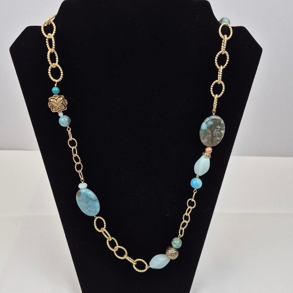 Barse Gold Tone Chain Necklace Faux Turquoise Blue Gemstone Beads 42" Hook
